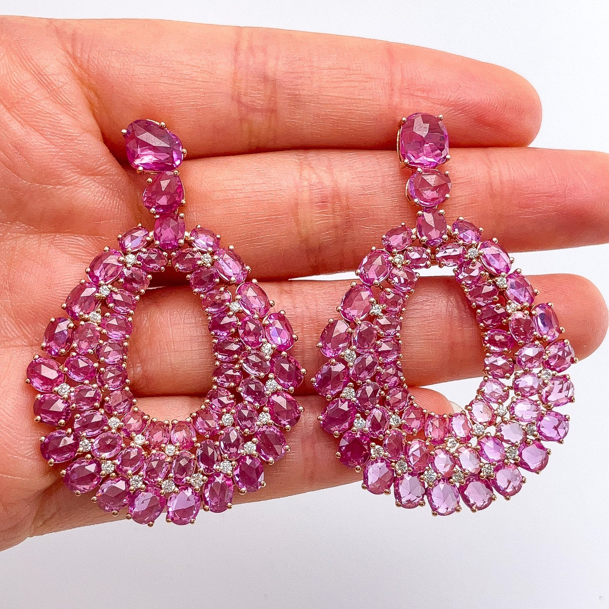 Rose Cut Pink Sapphire & Diamond Cluster Earrings, 18k - Forever Rox Fine Jewelry