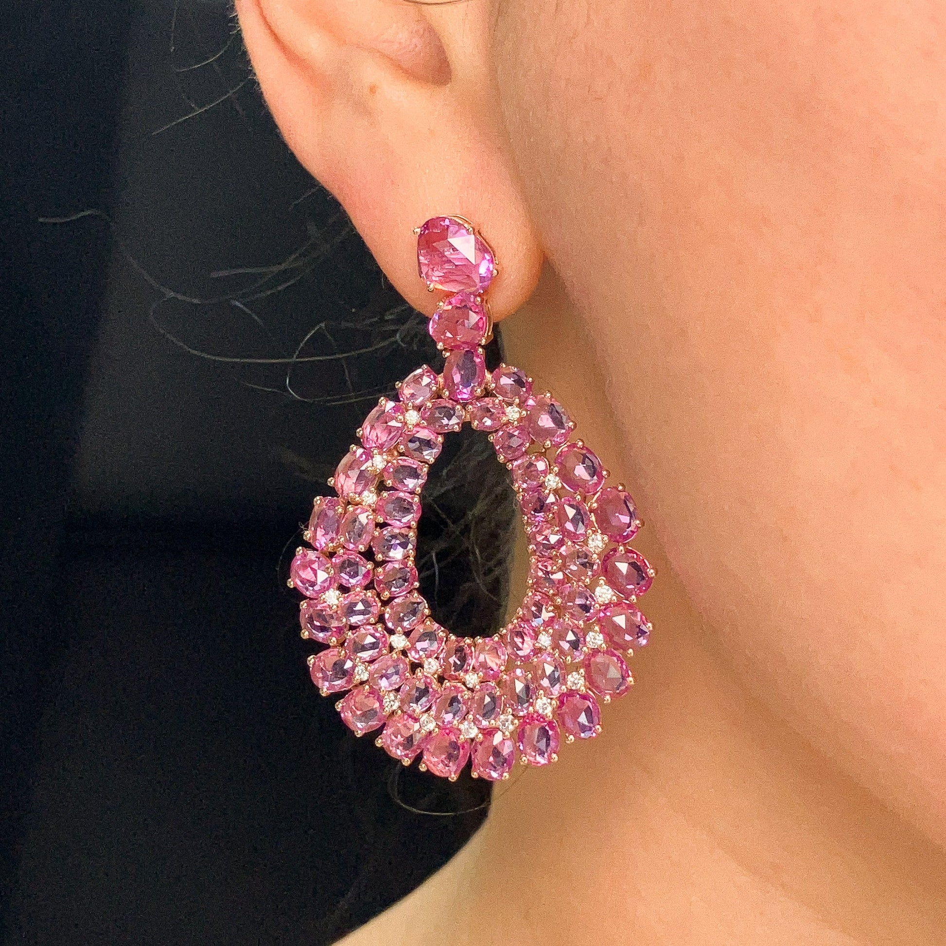 Rose Cut Pink Sapphire & Diamond Cluster Earrings, 18k - Forever Rox Fine Jewelry