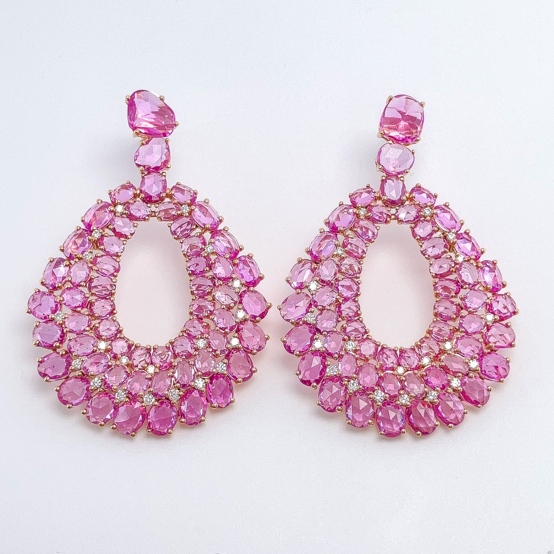 Rose Cut Pink Sapphire & Diamond Cluster Earrings, 18k - Forever Rox Fine Jewelry