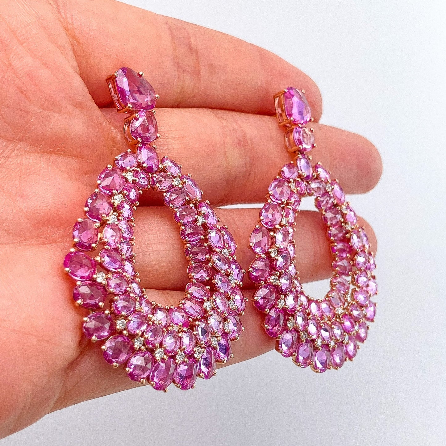 Rose Cut Pink Sapphire & Diamond Cluster Earrings, 18k - Forever Rox Fine Jewelry