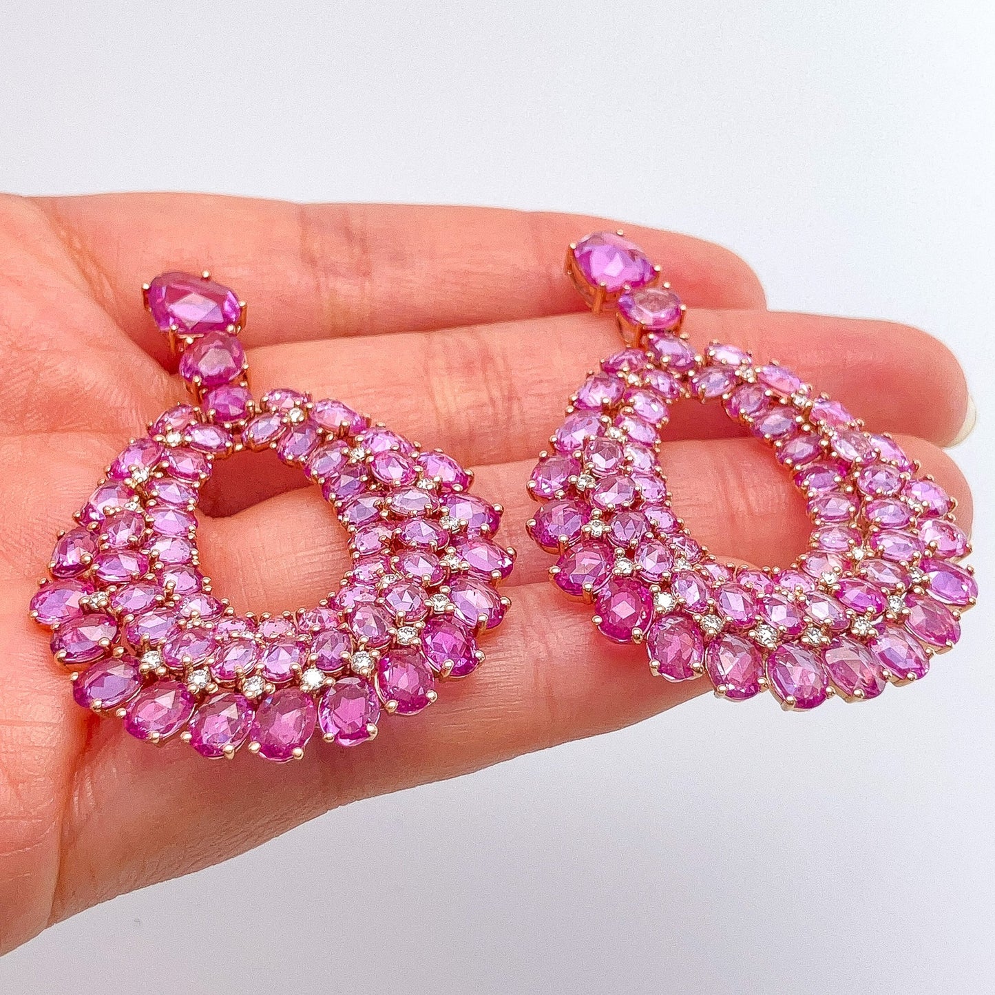 Rose Cut Pink Sapphire & Diamond Cluster Earrings, 18k - Forever Rox Fine Jewelry