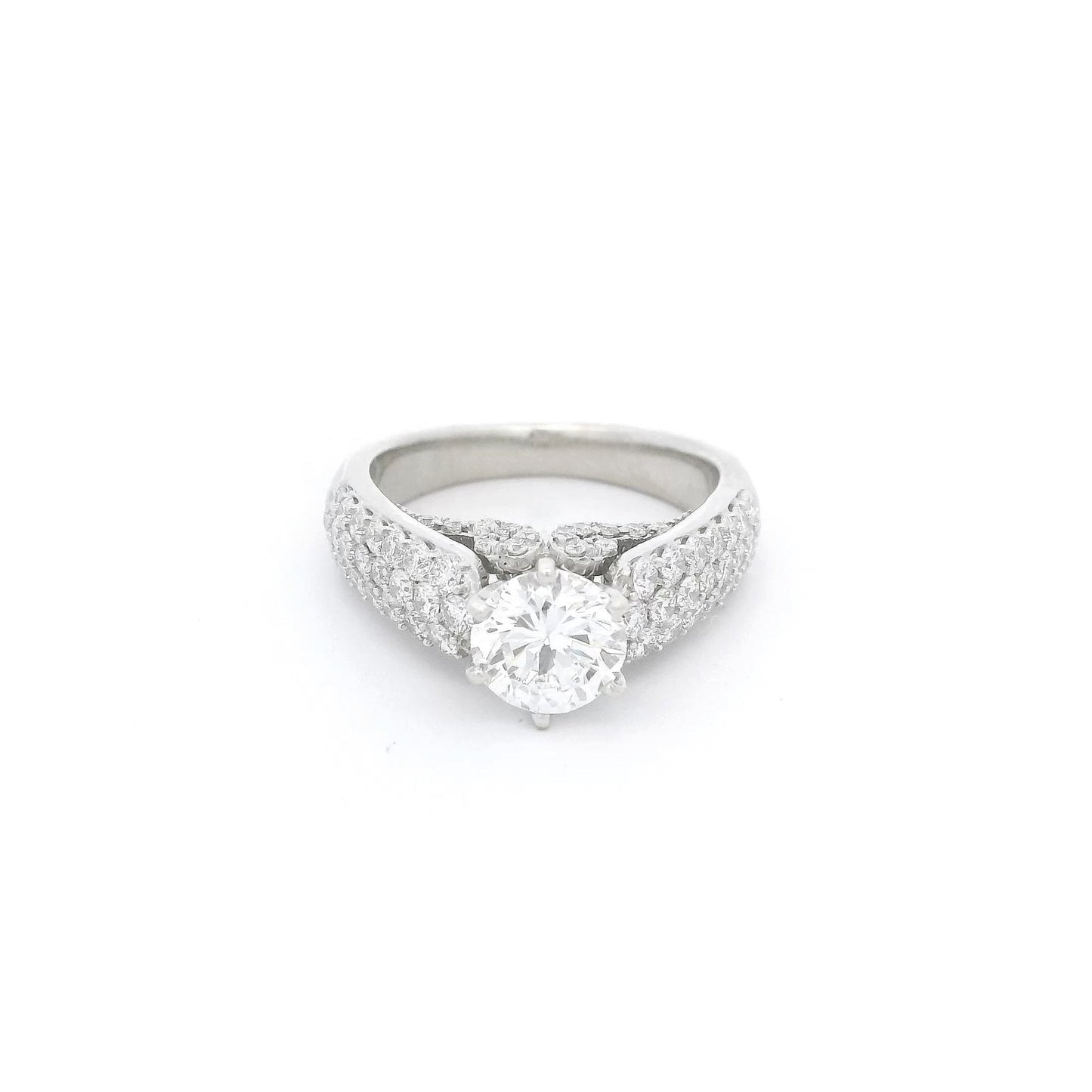 Round Brilliant Cut Diamond Bridal Ring with Pavé Set Diamonds Down Shank - Forever Rox Fine Jewelry