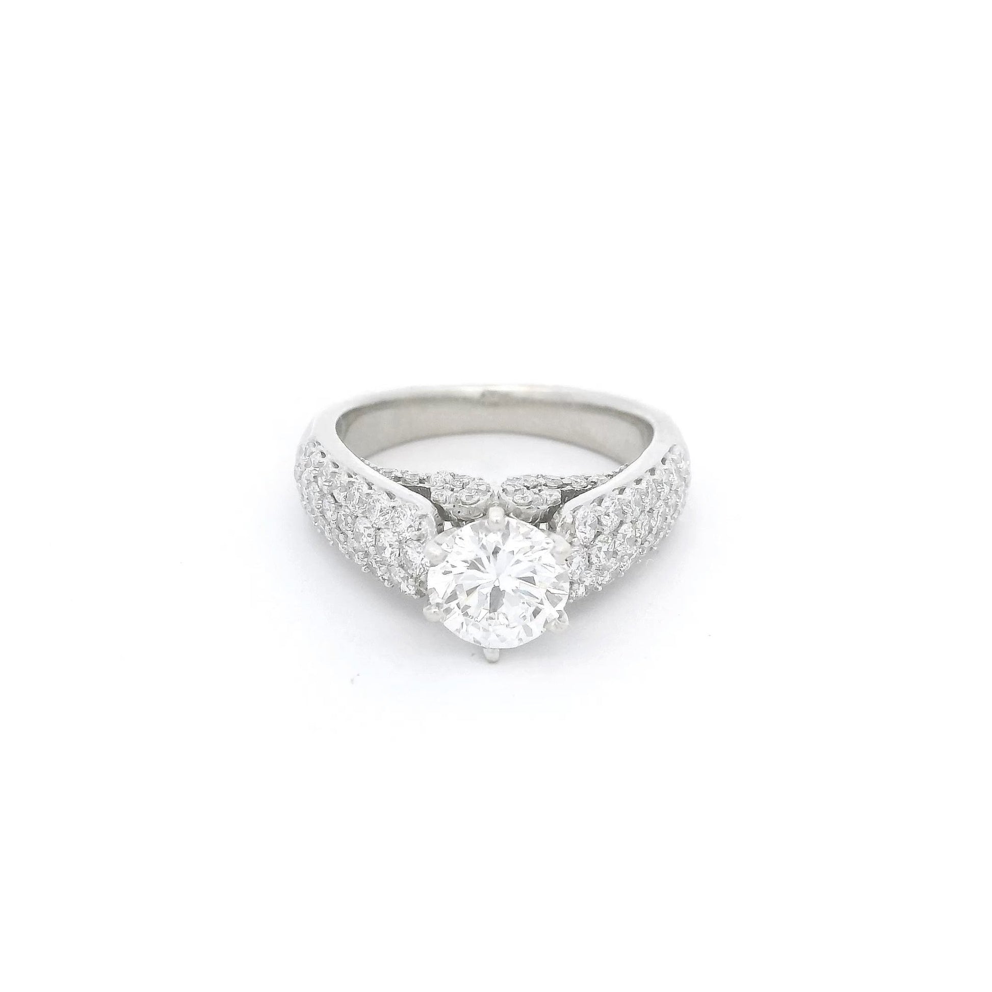 Round Brilliant Cut Diamond Bridal Ring with Pavé Set Diamonds Down Shank - Forever Rox Fine Jewelry