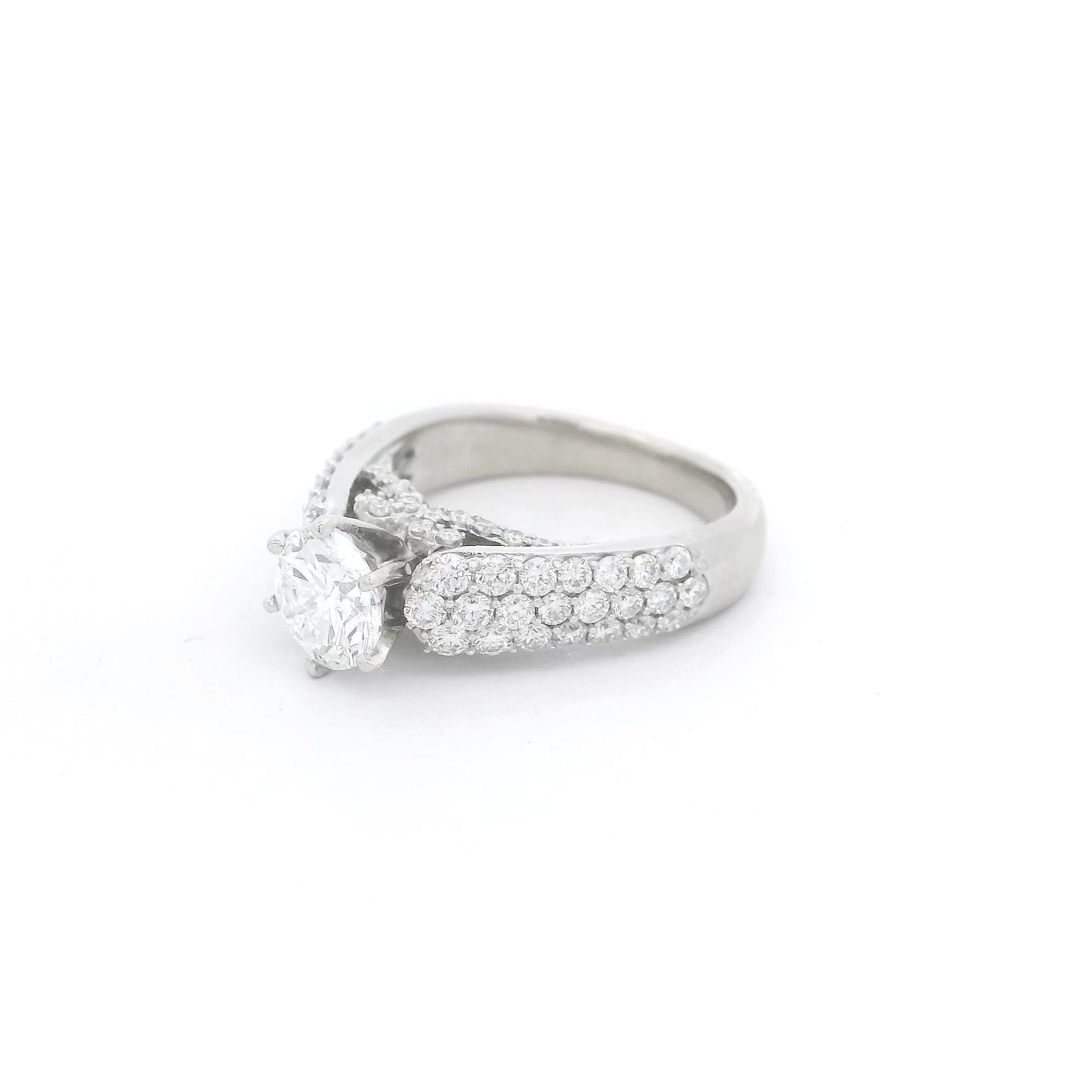 Round Brilliant Cut Diamond Bridal Ring with Pavé Set Diamonds Down Shank - Forever Rox Fine Jewelry