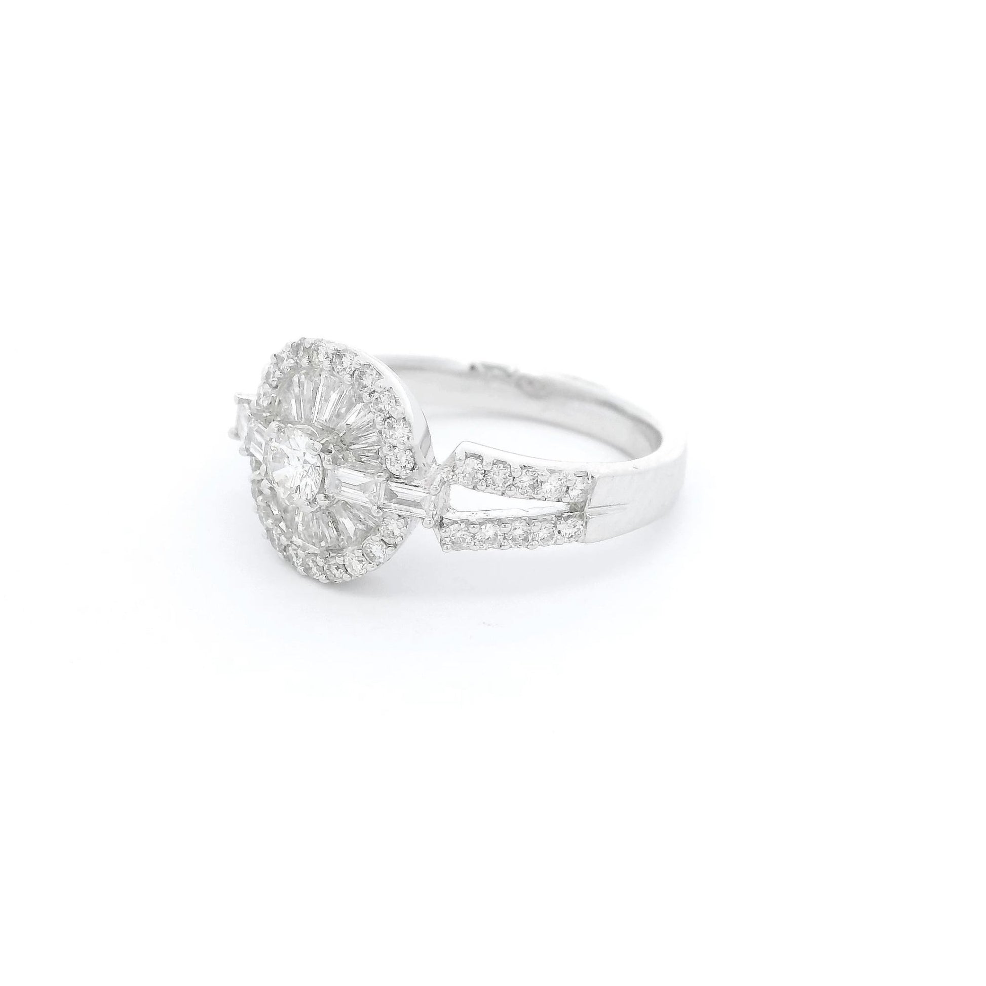 Round Cut Diamond Ring With Baguette & Round Cut Diamond Halo - Forever Rox