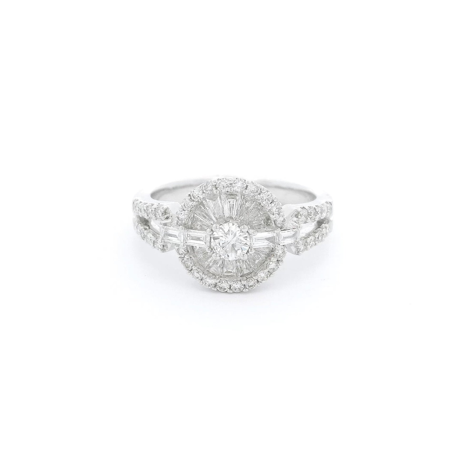 Round Cut Diamond Ring With Baguette & Round Cut Diamond Halo - Forever Rox