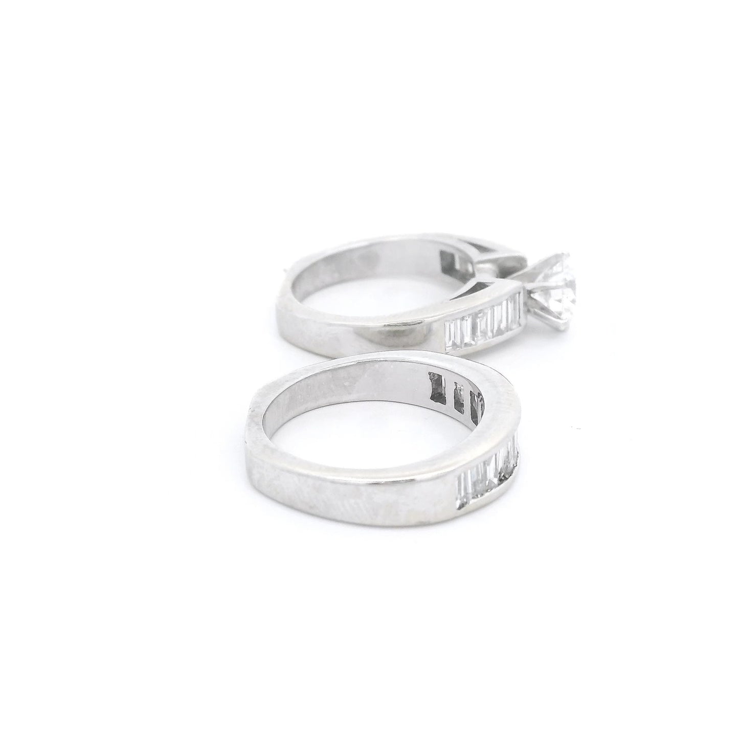 Round Diamond Bridal Ring With Channel Set Baguette Diamonds Down Shank & Matching Baguette Diamond Band - Forever Rox Fine Jewelry