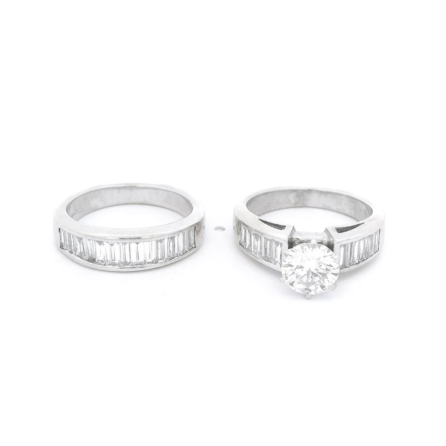 Round Diamond Bridal Ring With Channel Set Baguette Diamonds Down Shank & Matching Baguette Diamond Band - Forever Rox Fine Jewelry