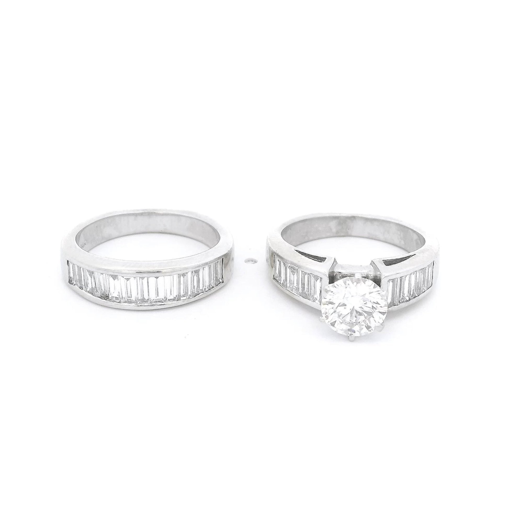Round Diamond Bridal Ring With Channel Set Baguette Diamonds Down Shank & Matching Baguette Diamond Band - Forever Rox Fine Jewelry
