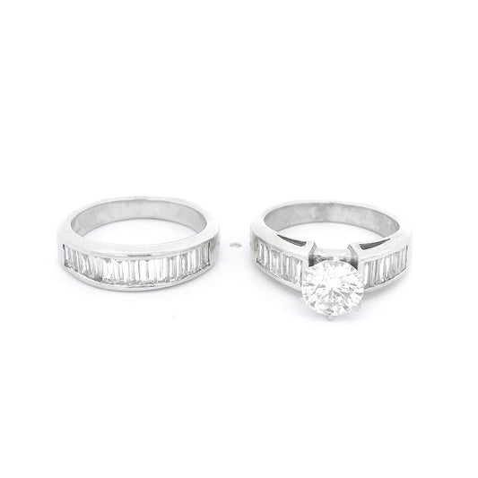 Round Diamond Bridal Ring With Channel Set Baguette Diamonds Down Shank & Matching Baguette Diamond Band - Forever Rox Fine Jewelry