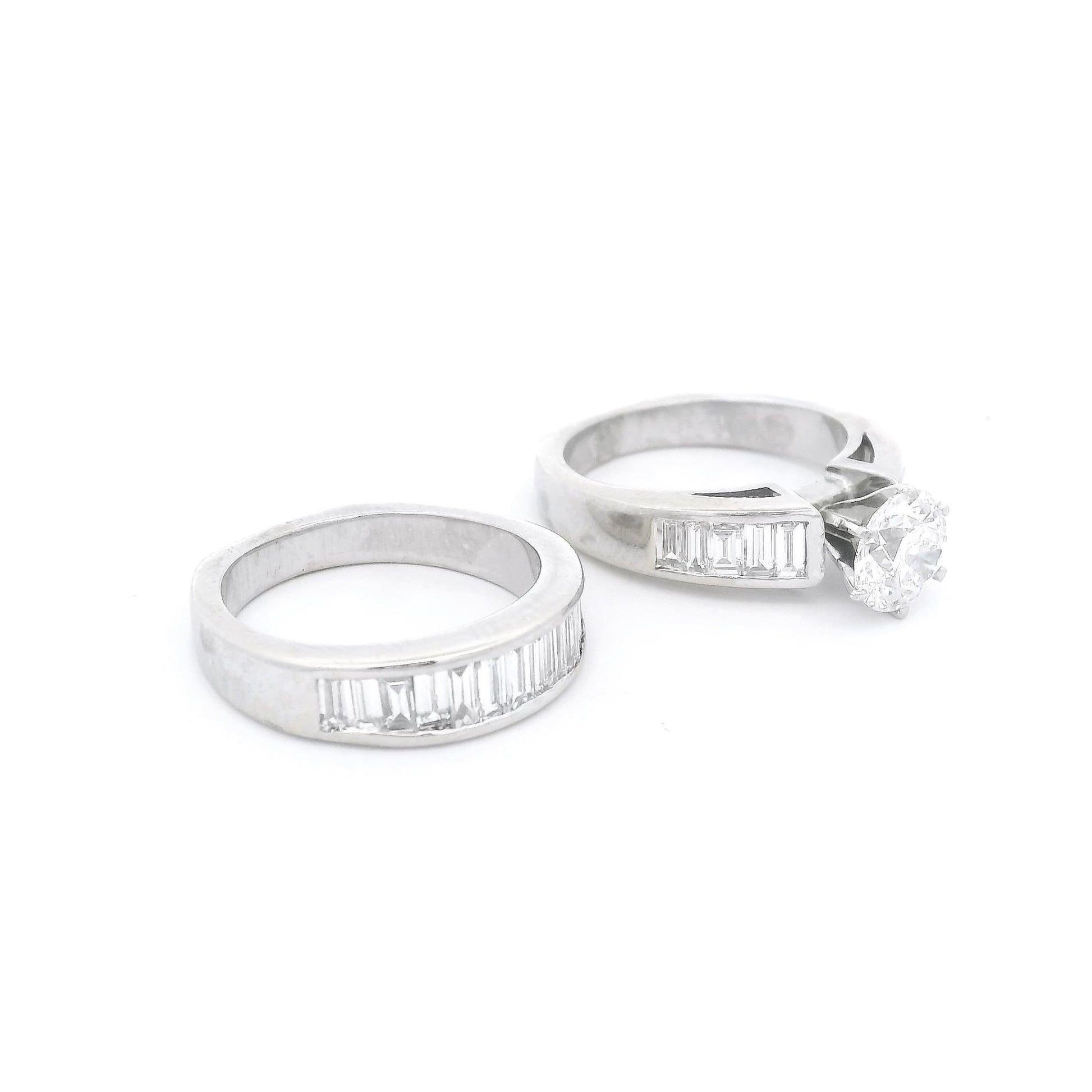 Round Diamond Bridal Ring With Channel Set Baguette Diamonds Down Shank & Matching Baguette Diamond Band - Forever Rox Fine Jewelry