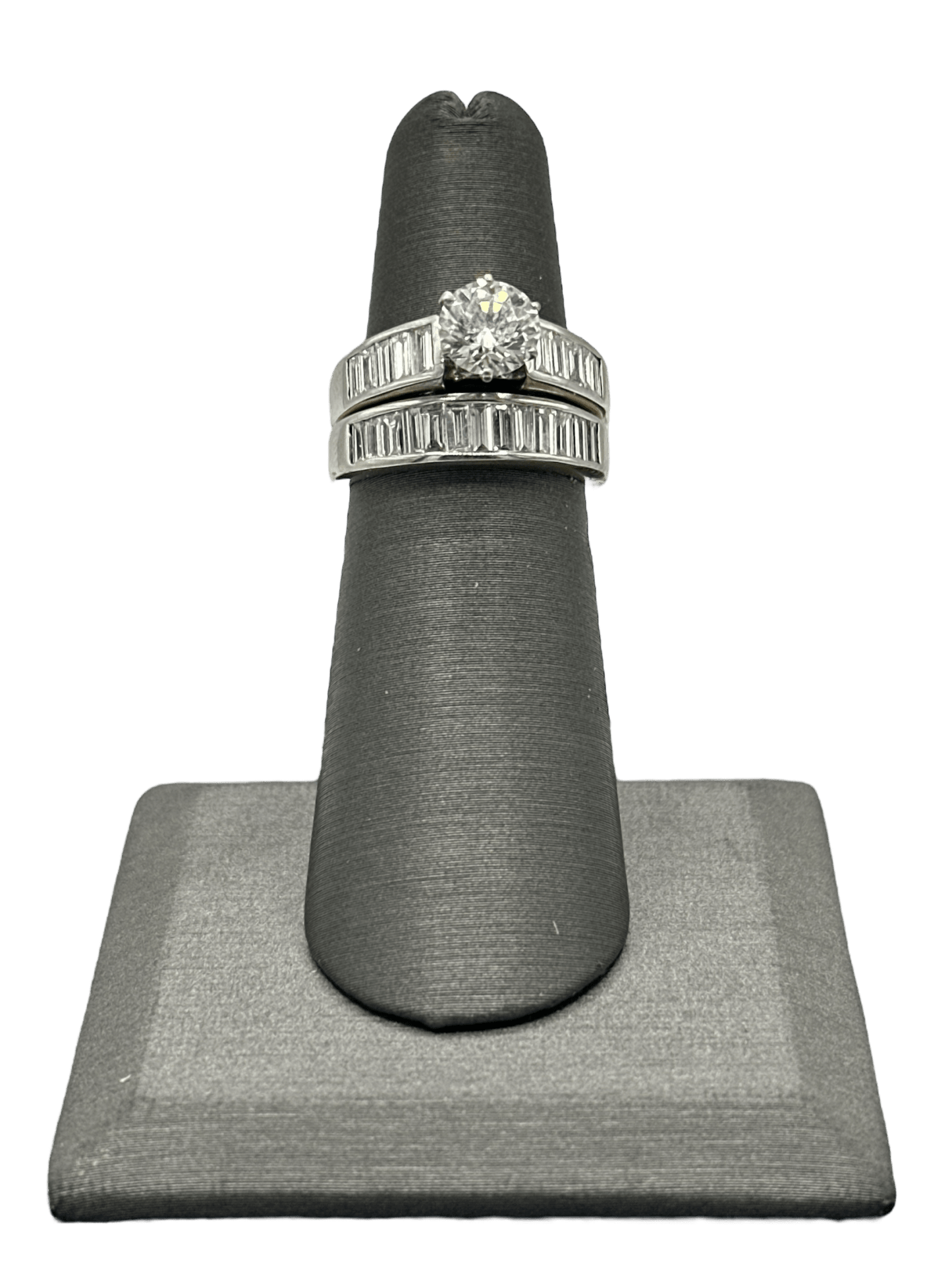 Round Diamond Bridal Ring With Channel Set Baguette Diamonds Down Shank & Matching Baguette Diamond Band - Forever Rox