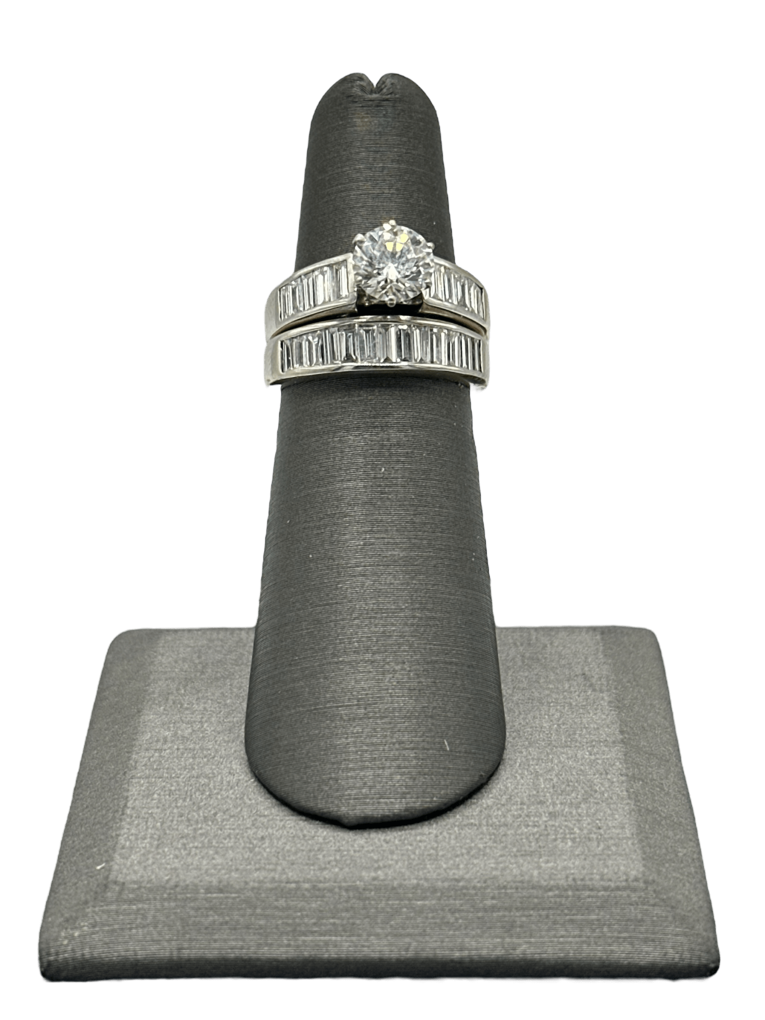 Round Diamond Bridal Ring With Channel Set Baguette Diamonds Down Shank & Matching Baguette Diamond Band - Forever Rox