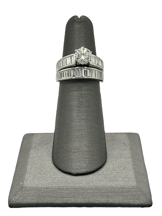 Round Diamond Bridal Ring With Channel Set Baguette Diamonds Down Shank & Matching Baguette Diamond Band - Forever Rox