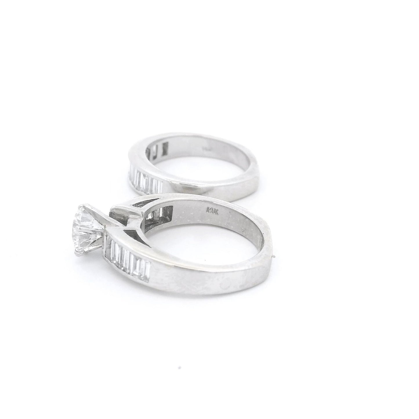 Round Diamond Bridal Ring With Channel Set Baguette Diamonds Down Shank & Matching Baguette Diamond Band - Forever Rox Fine Jewelry