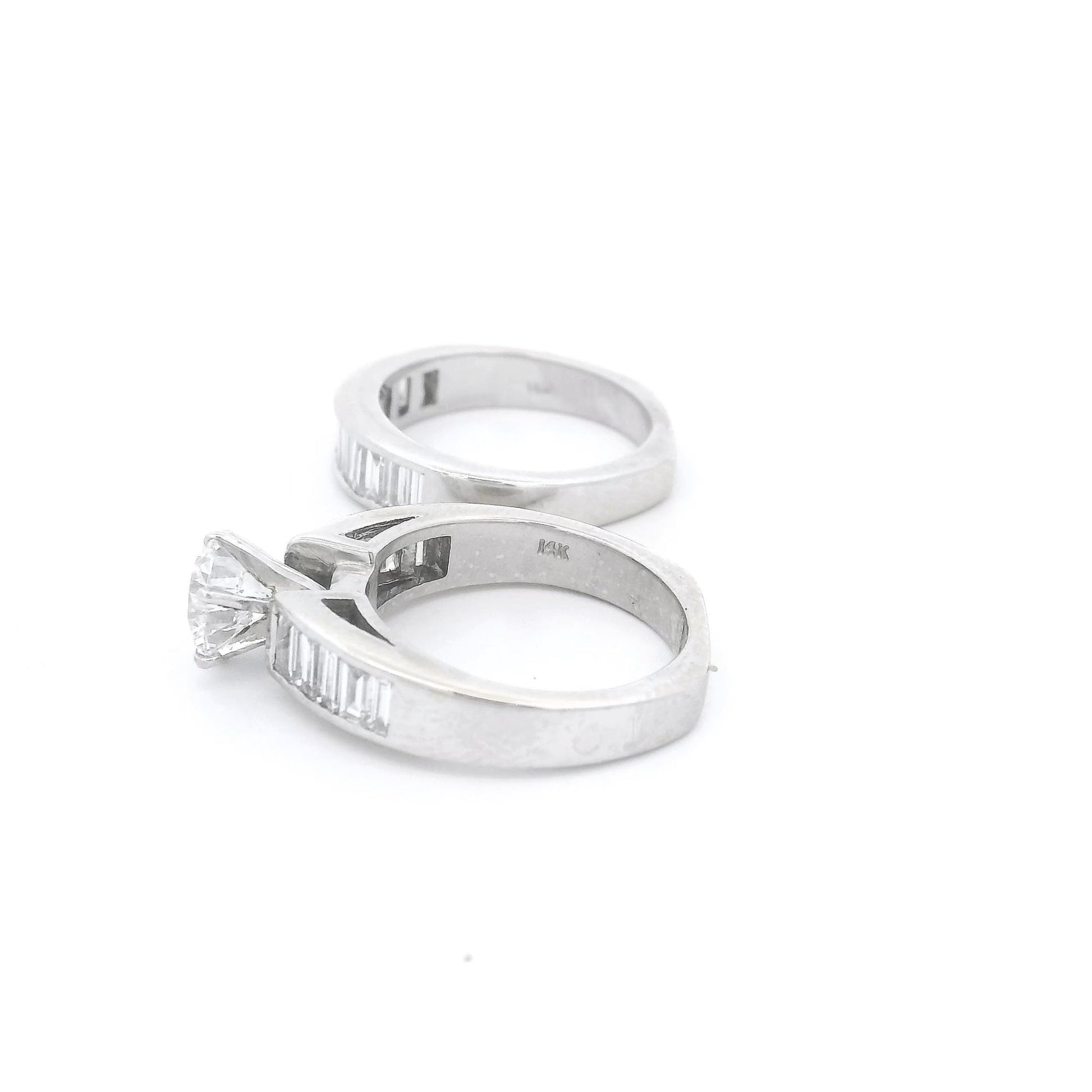 Round Diamond Bridal Ring With Channel Set Baguette Diamonds Down Shank & Matching Baguette Diamond Band - Forever Rox Fine Jewelry