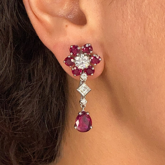 Ruby & Diamond Cluster Day/Night Earrings, 18k - Forever Rox Fine Jewelry