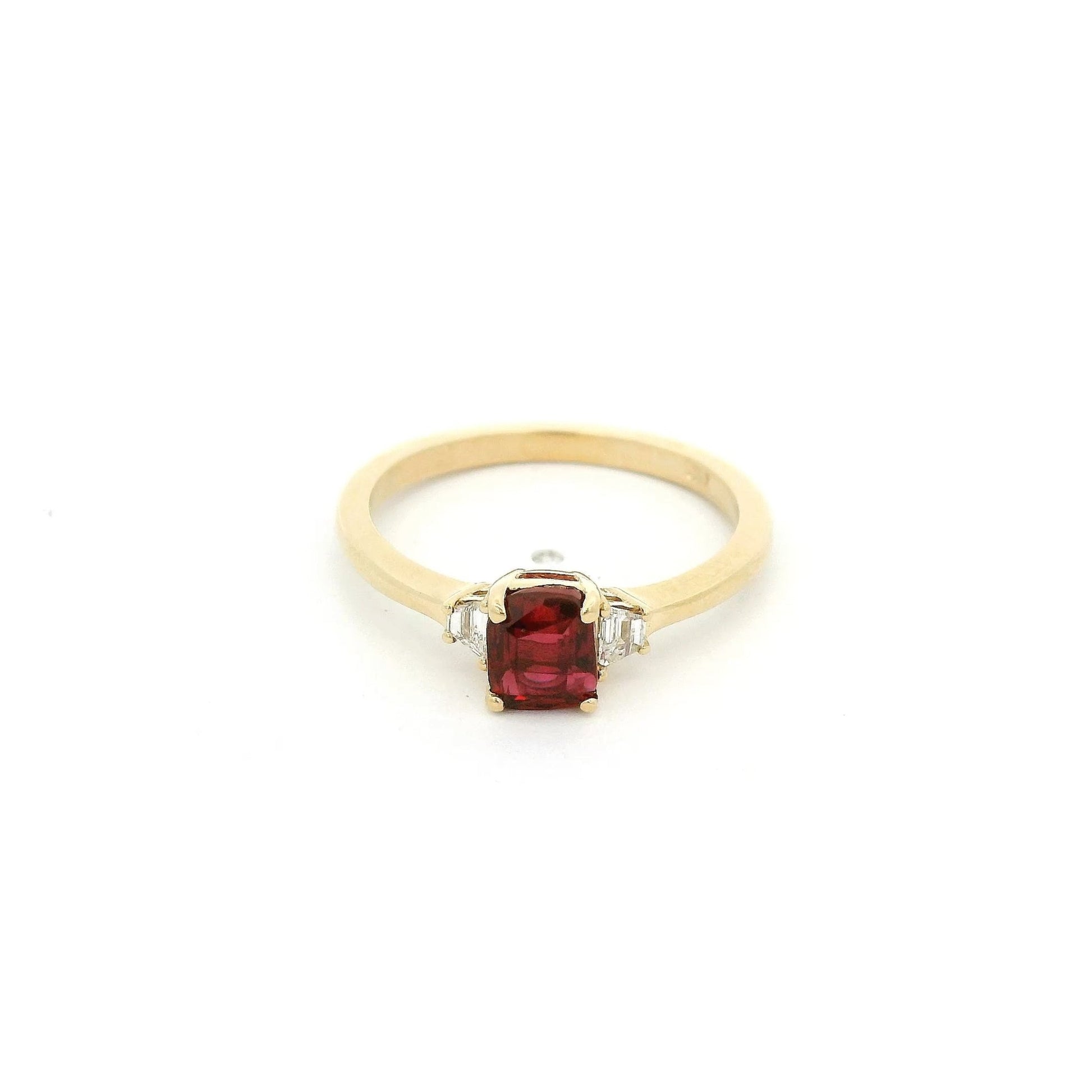 Square Cushion Cut Certified No Heat Ruby & Trapazoid Cut Diamond Ring - Forever Rox Fine Jewelry