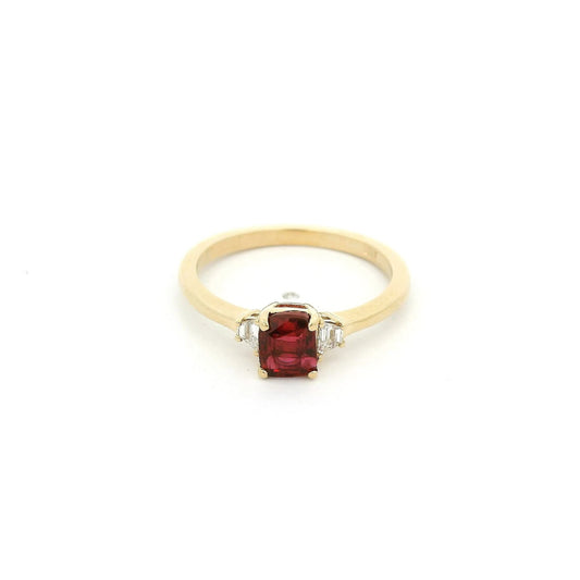 Square Cushion Cut Certified No Heat Ruby & Trapazoid Cut Diamond Ring - Forever Rox Fine Jewelry