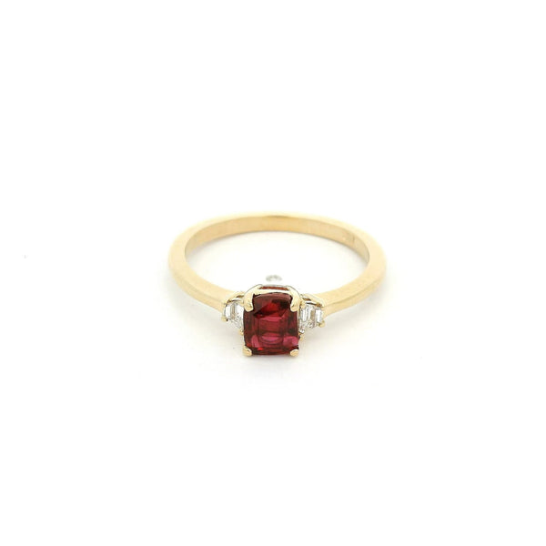 Square Cushion Cut Certified No Heat Ruby & Trapazoid Cut Diamond Ring - Forever Rox Fine Jewelry