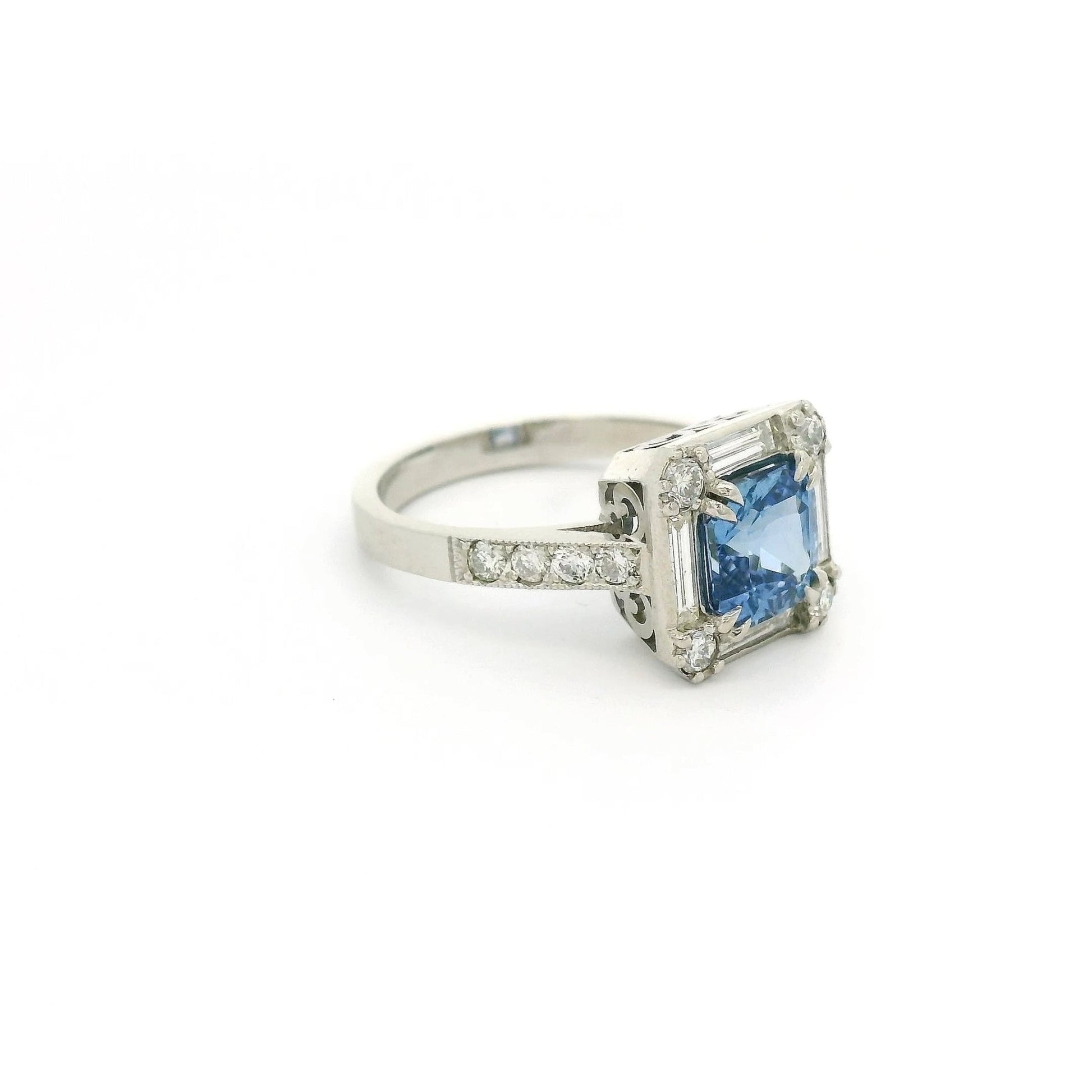Square Cushion Cut Ceylon Sapphire Ring with Baguette & Round Cut Diamonds - Forever Rox Fine Jewelry