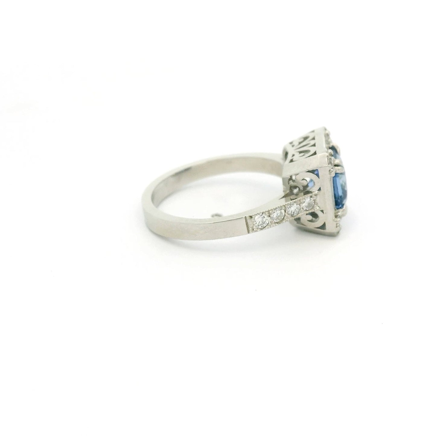 Square Cushion Cut Ceylon Sapphire Ring with Baguette & Round Cut Diamonds - Forever Rox Fine Jewelry
