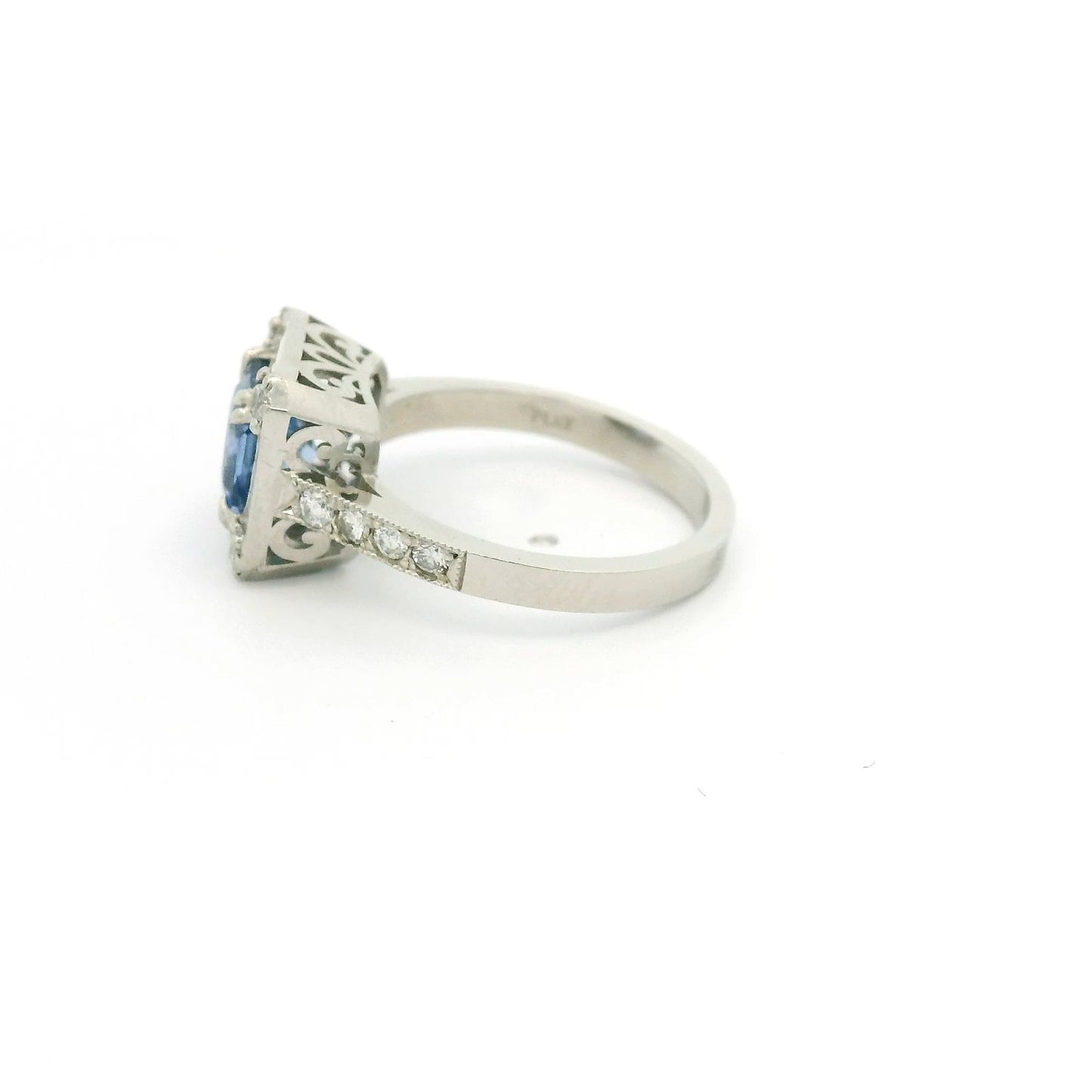 Square Cushion Cut Ceylon Sapphire Ring with Baguette & Round Cut Diamonds - Forever Rox Fine Jewelry