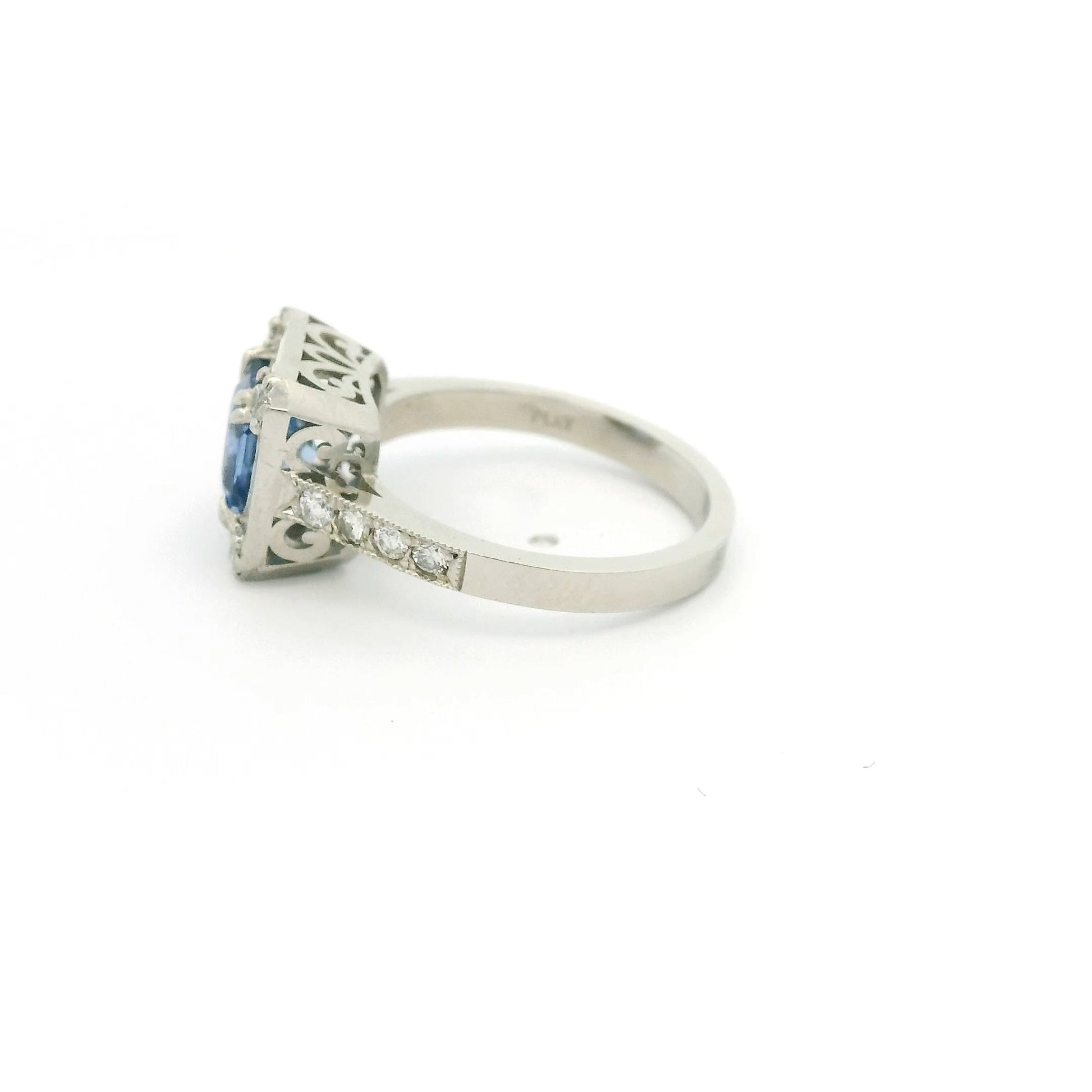 Square Cushion Cut Ceylon Sapphire Ring with Baguette & Round Cut Diamonds - Forever Rox Fine Jewelry