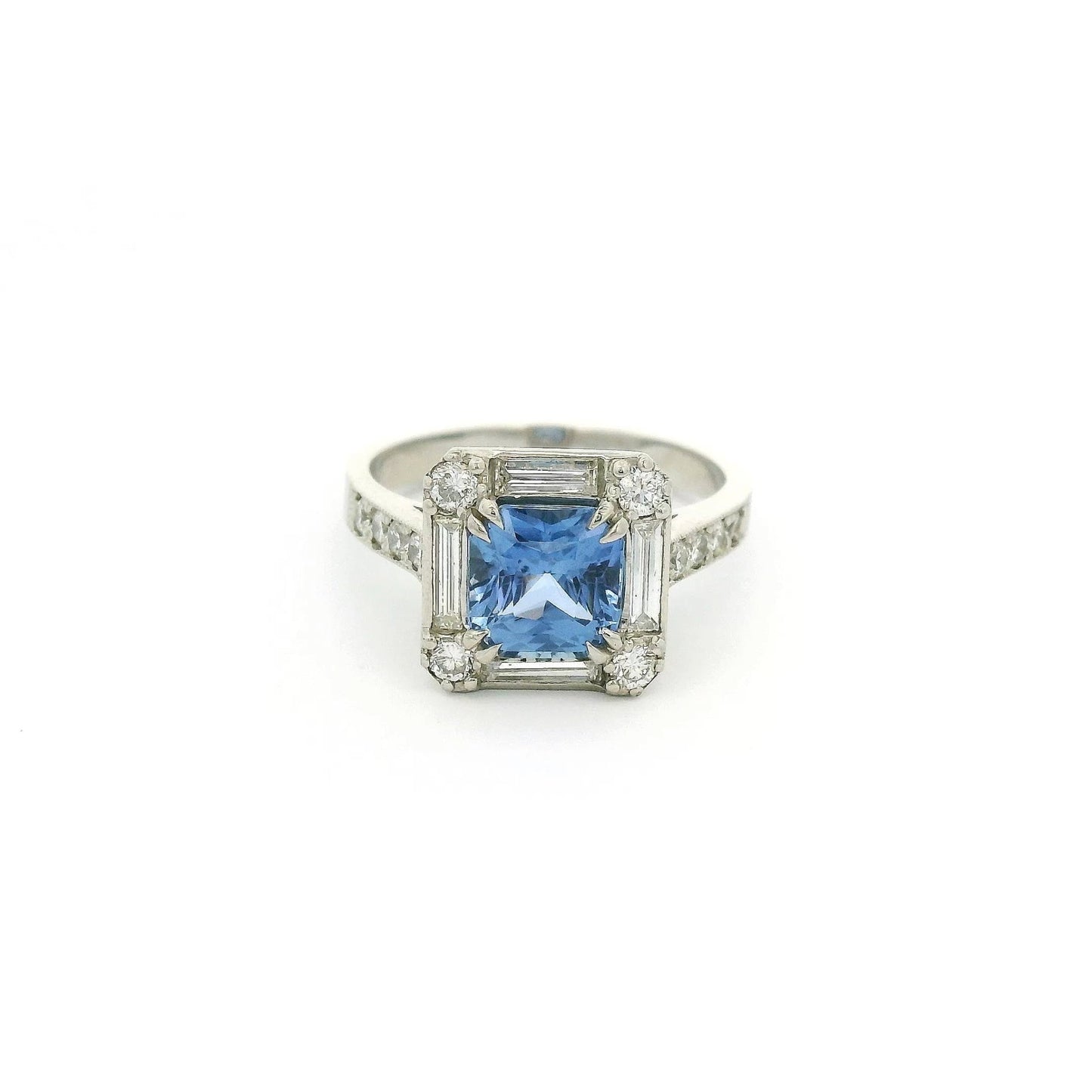 Square Cushion Cut Ceylon Sapphire Ring with Baguette & Round Cut Diamonds - Forever Rox Fine Jewelry