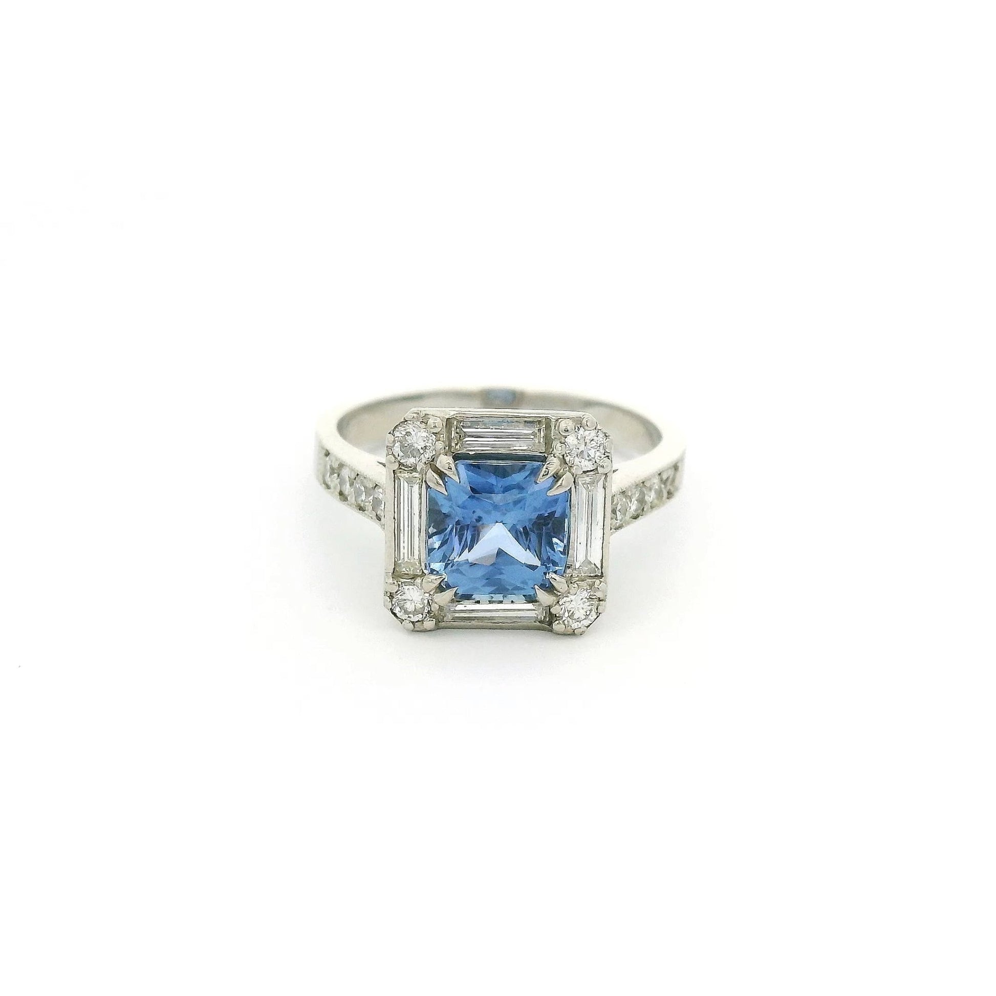 Square Cushion Cut Ceylon Sapphire Ring with Baguette & Round Cut Diamonds - Forever Rox Fine Jewelry