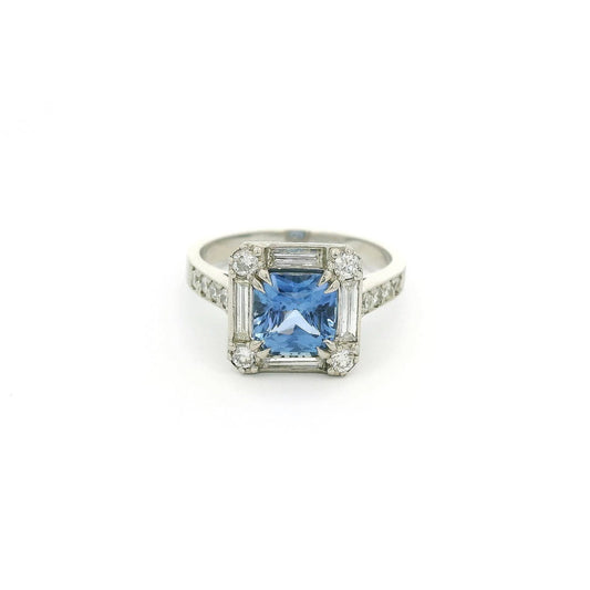 Square Cushion Cut Ceylon Sapphire Ring with Baguette & Round Cut Diamonds - Forever Rox Fine Jewelry
