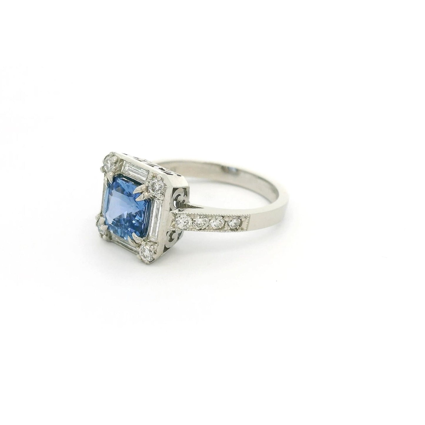 Square Cushion Cut Ceylon Sapphire Ring with Baguette & Round Cut Diamonds - Forever Rox Fine Jewelry