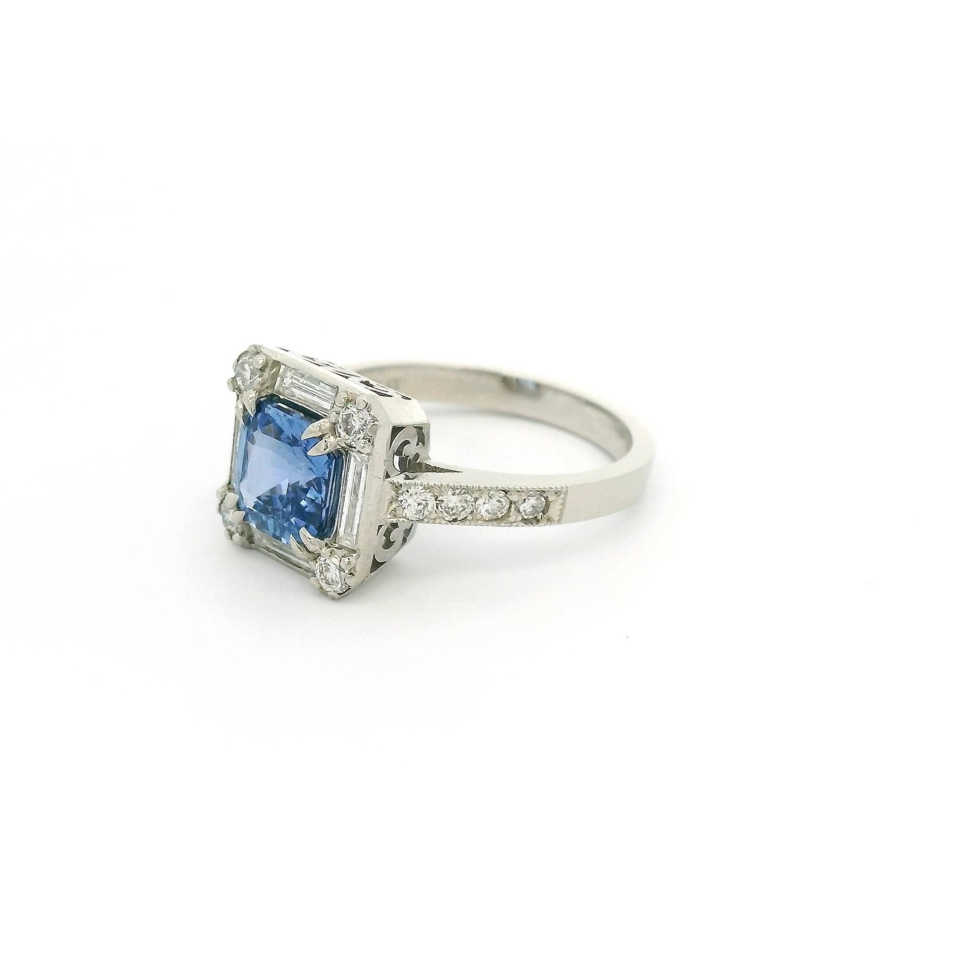 Square Cushion Cut Ceylon Sapphire Ring with Baguette & Round Cut Diamonds - Forever Rox Fine Jewelry
