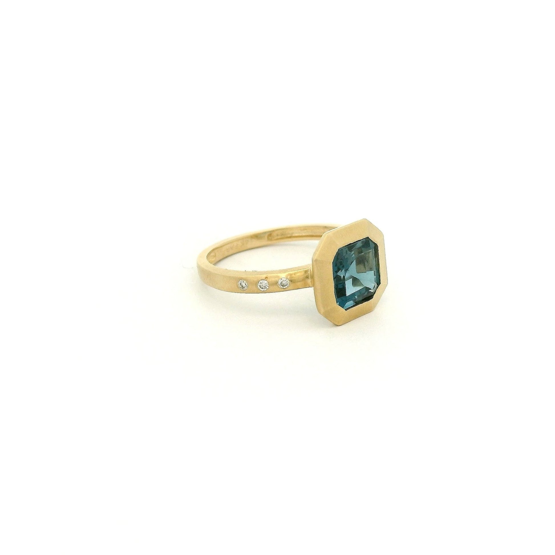 Square Emerald Cut London BLue Topaz & Flush Set Diamond Ring - Forever Rox Fine Jewelry
