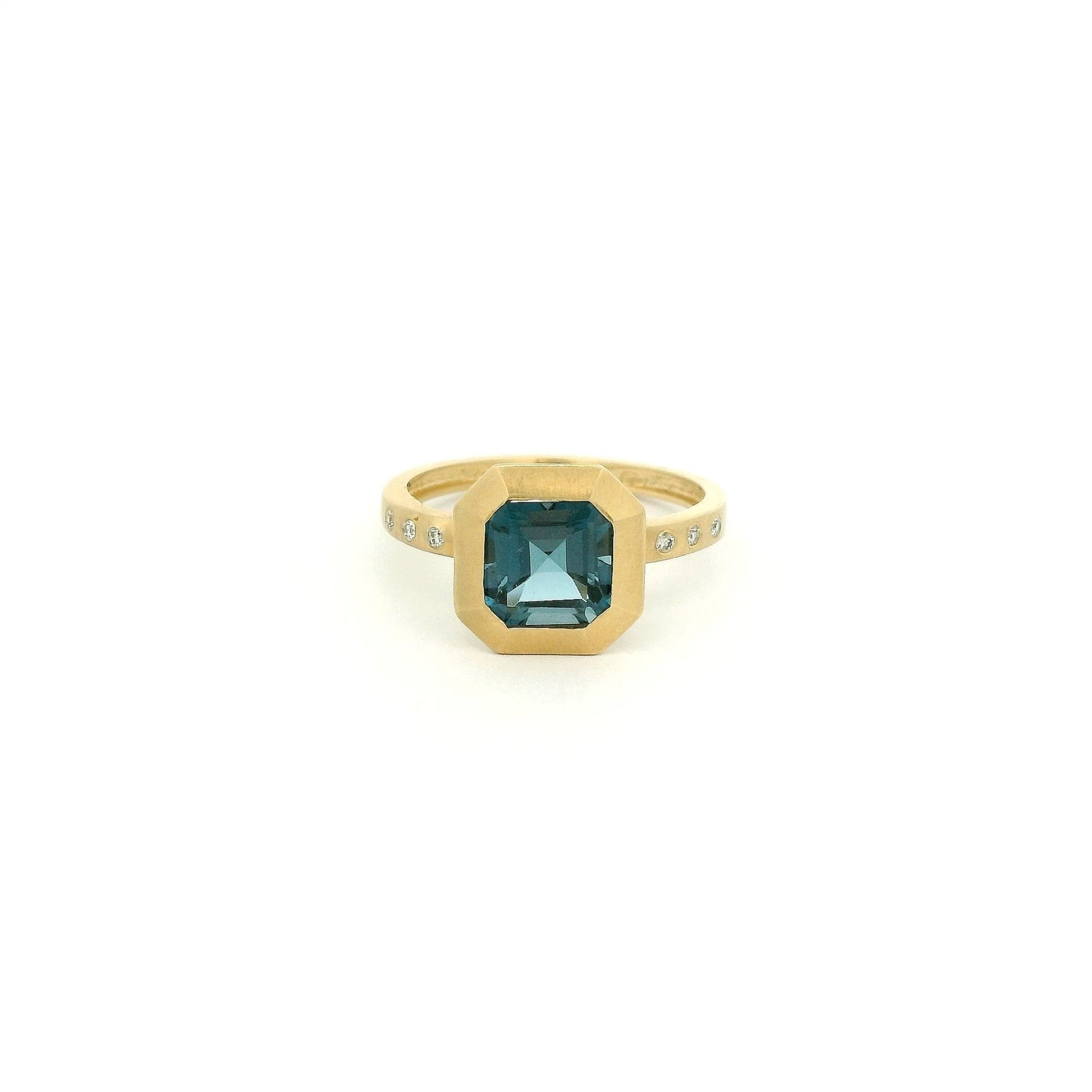 Square Emerald Cut London BLue Topaz & Flush Set Diamond Ring - Forever Rox Fine Jewelry