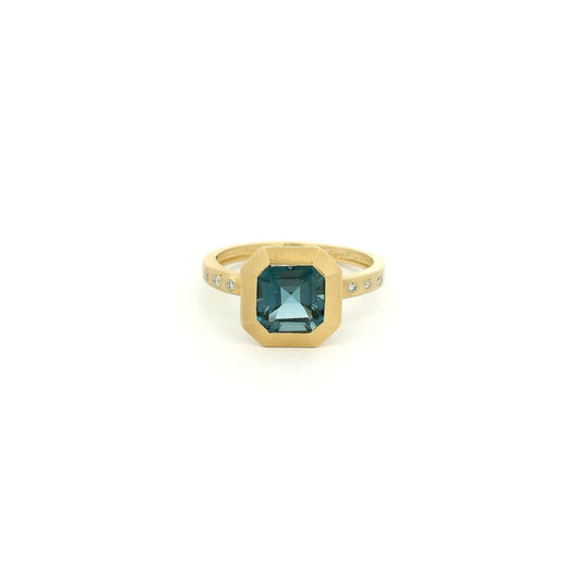 Square Emerald Cut London BLue Topaz & Flush Set Diamond Ring - Forever Rox Fine Jewelry