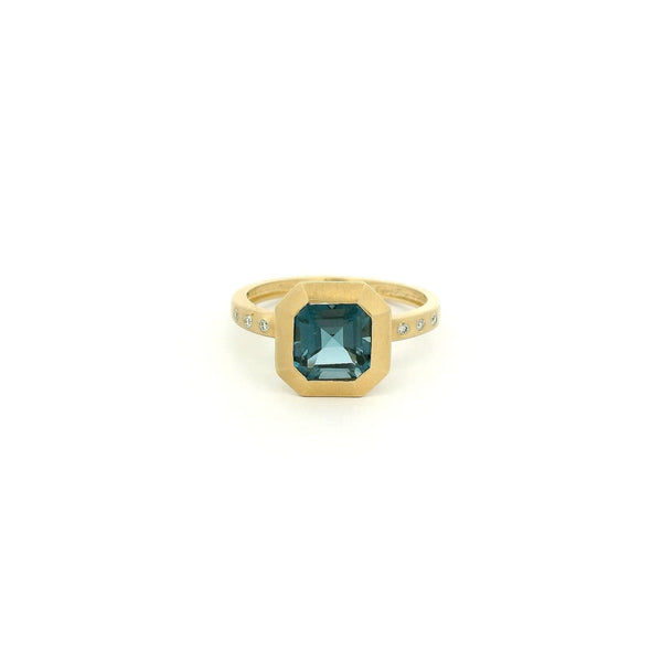 Square Emerald Cut London BLue Topaz & Flush Set Diamond Ring - Forever Rox Fine Jewelry