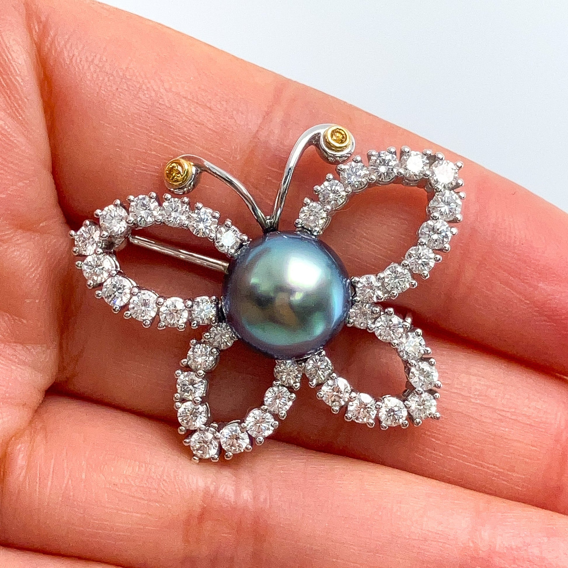 Tahitian Pearl & Diamond Butterfly Brooch, Platinum - Forever Rox