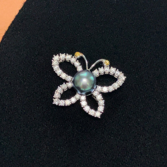 Tahitian Pearl & Diamond Butterfly Brooch, Platinum - Forever Rox