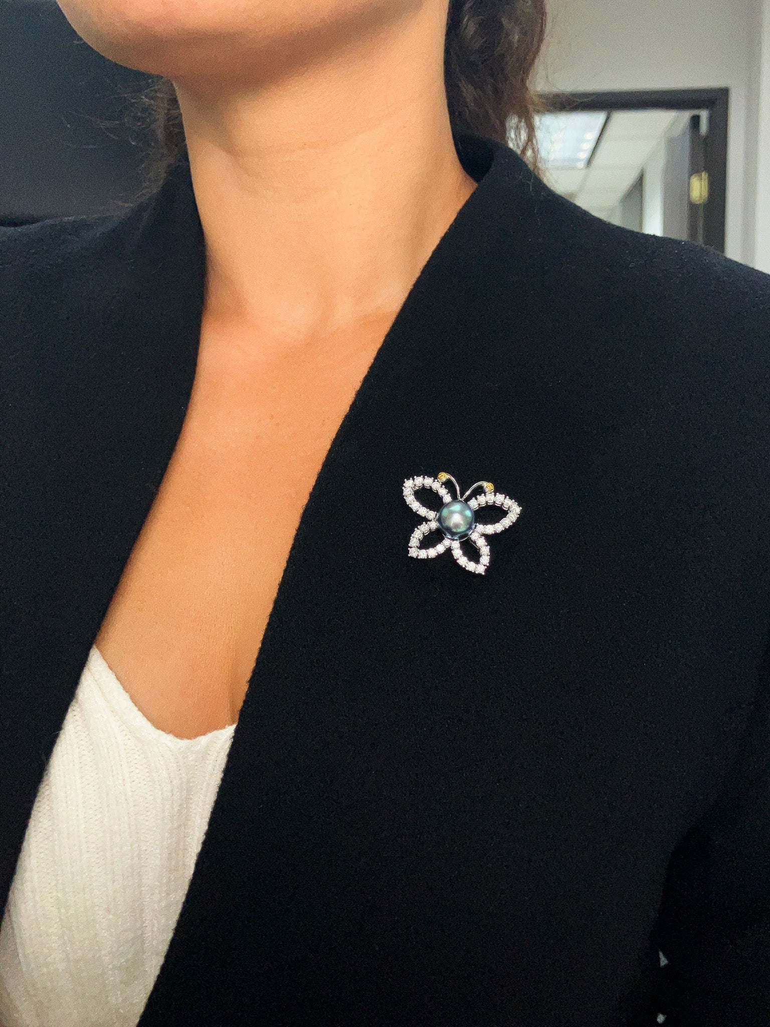 Tahitian Pearl & Diamond Butterfly Brooch, Platinum - Forever Rox