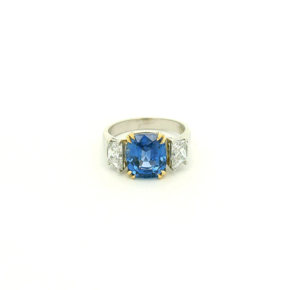 TGC Certified No Heat Cushion Cut Cornflower Blue Sapphire & Trapazoid Cut Diamond Ring - Forever Rox Fine Jewelry