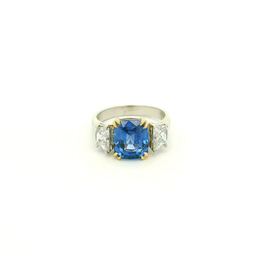 TGC Certified No Heat Cushion Cut Cornflower Blue Sapphire & Trapazoid Cut Diamond Ring - Forever Rox Fine Jewelry