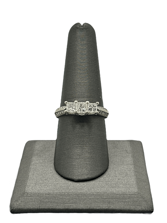 Three Princess Cut Diamond Bridal Ring With Diamonds on Either Side of Both Shanks & Head - Forever Rox