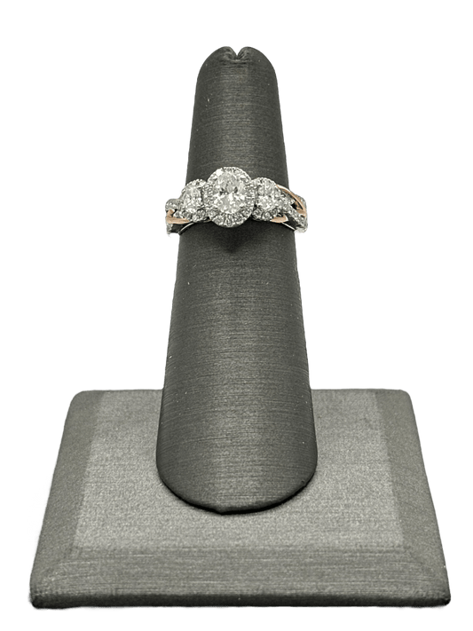 Vera Wang Signed Bridal Ring With Three Oval Diamonds With Diamond Halos & Diamonds Down Shaft - Forever Rox