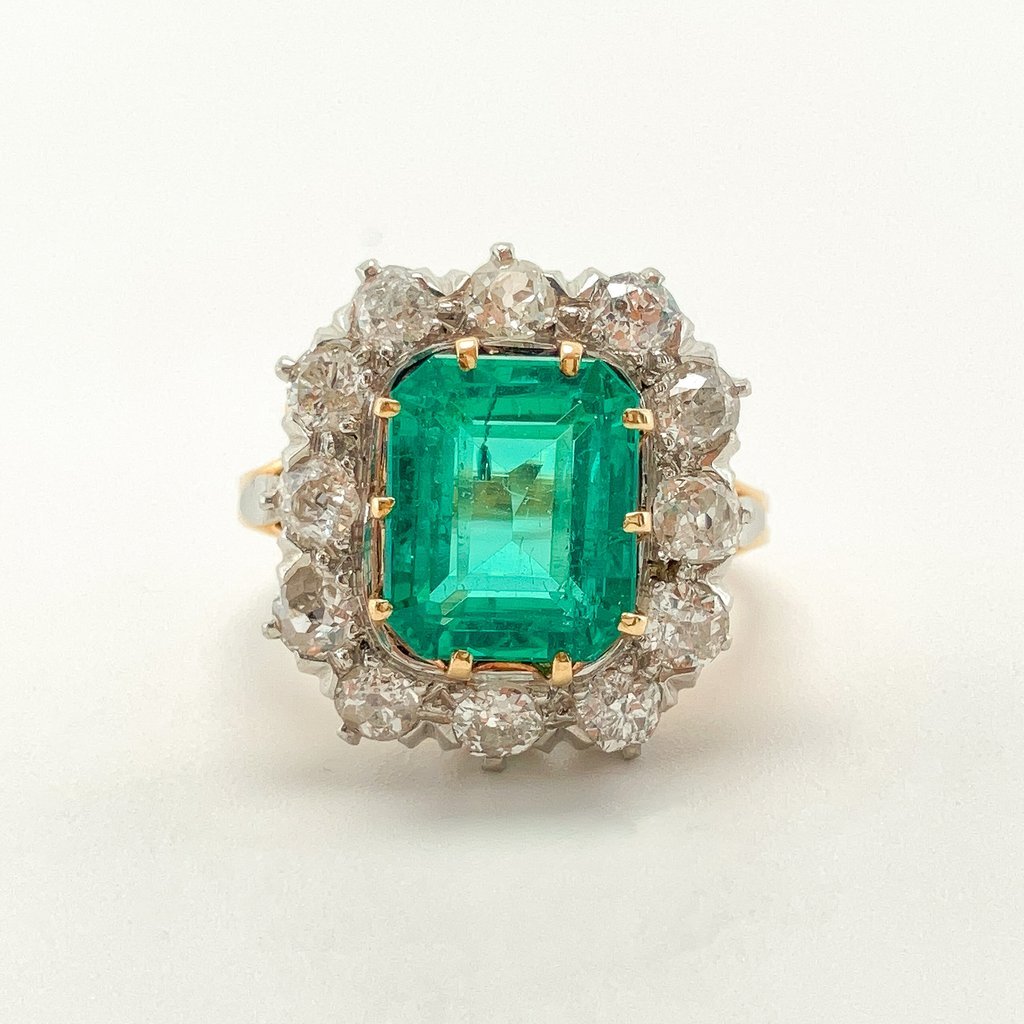 Victorian Colombian Emerald & Old Mine Cut Diamond Ring, 18k & Platinum - Forever Rox Fine Jewelry