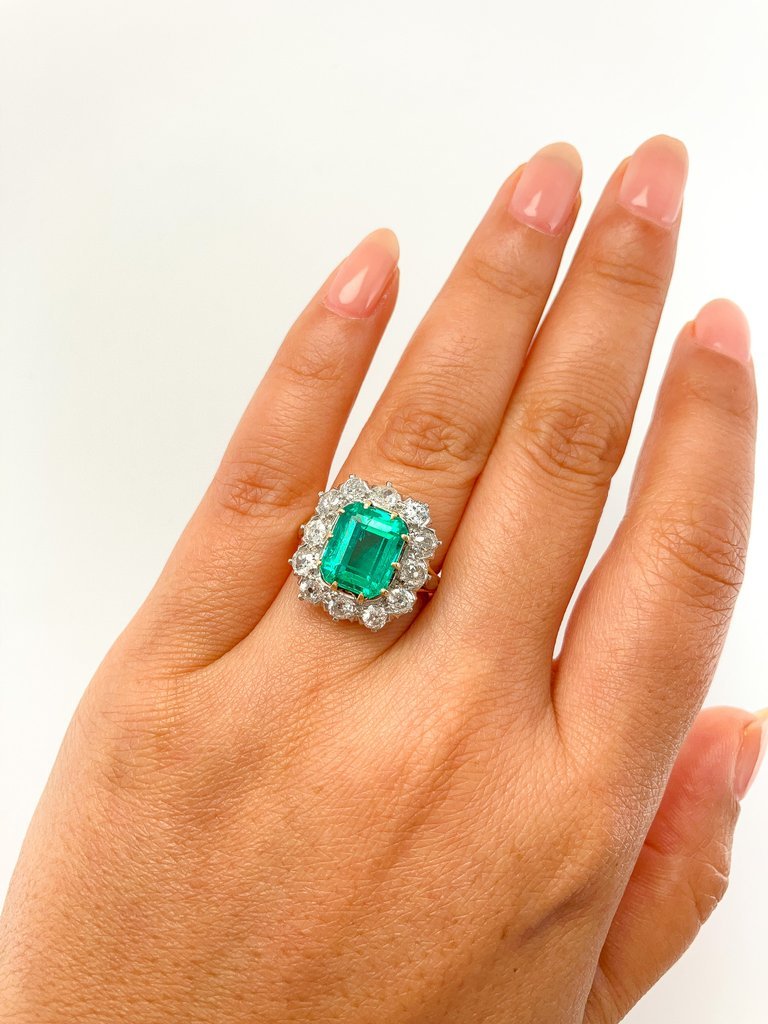 Victorian Colombian Emerald & Old Mine Cut Diamond Ring, 18k & Platinum - Forever Rox Fine Jewelry