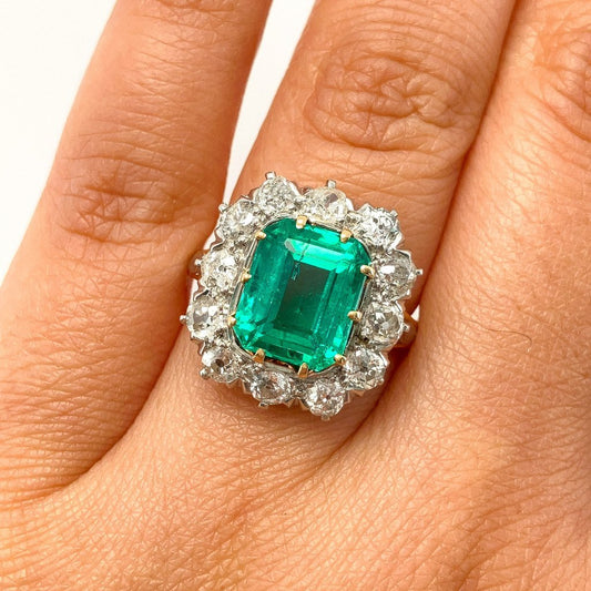 Victorian Colombian Emerald & Old Mine Cut Diamond Ring, 18k & Platinum - Forever Rox Fine Jewelry
