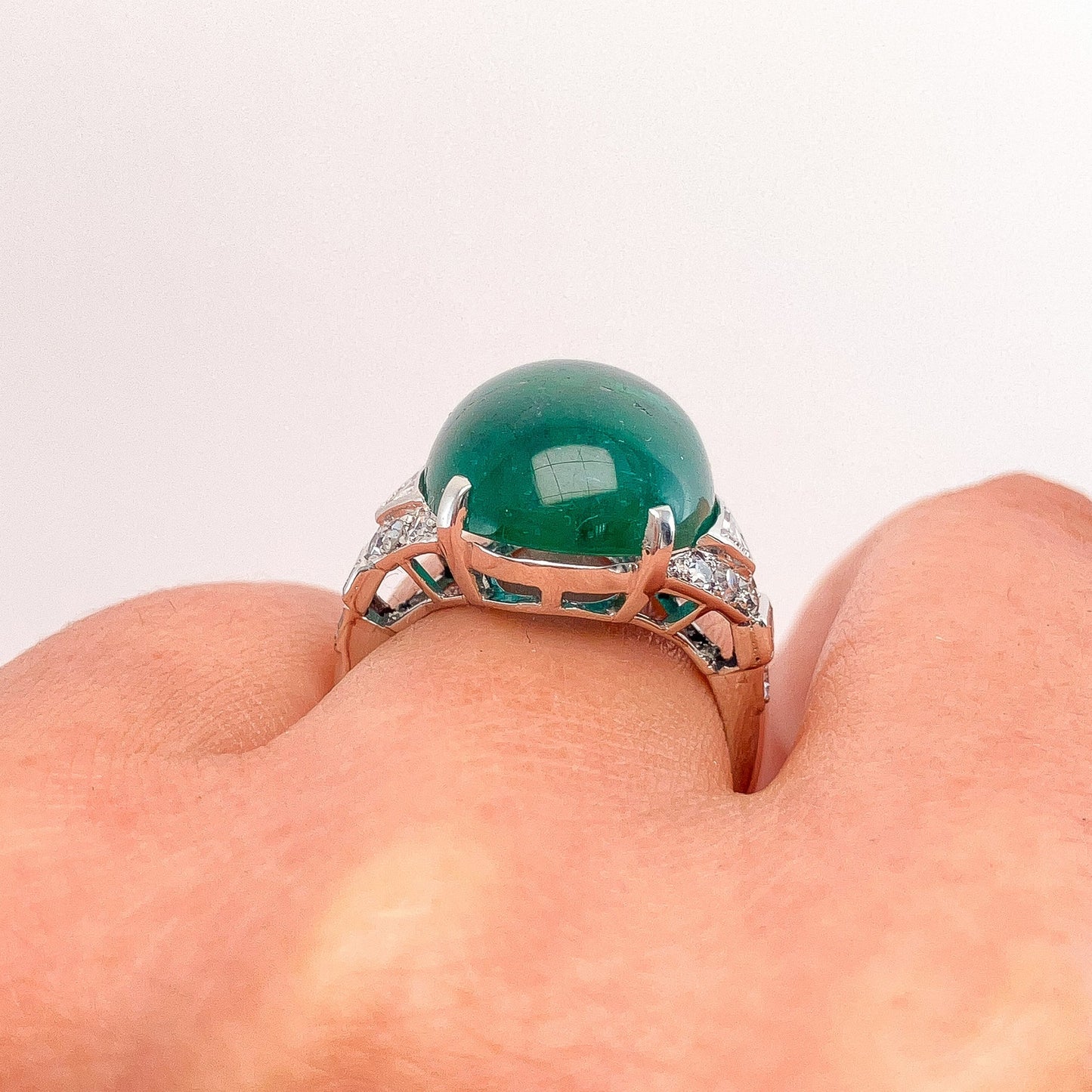 Vintage 11.06ct Emerald Cabochon & Diamond Ring, Platinum - Forever Rox Fine Jewelry