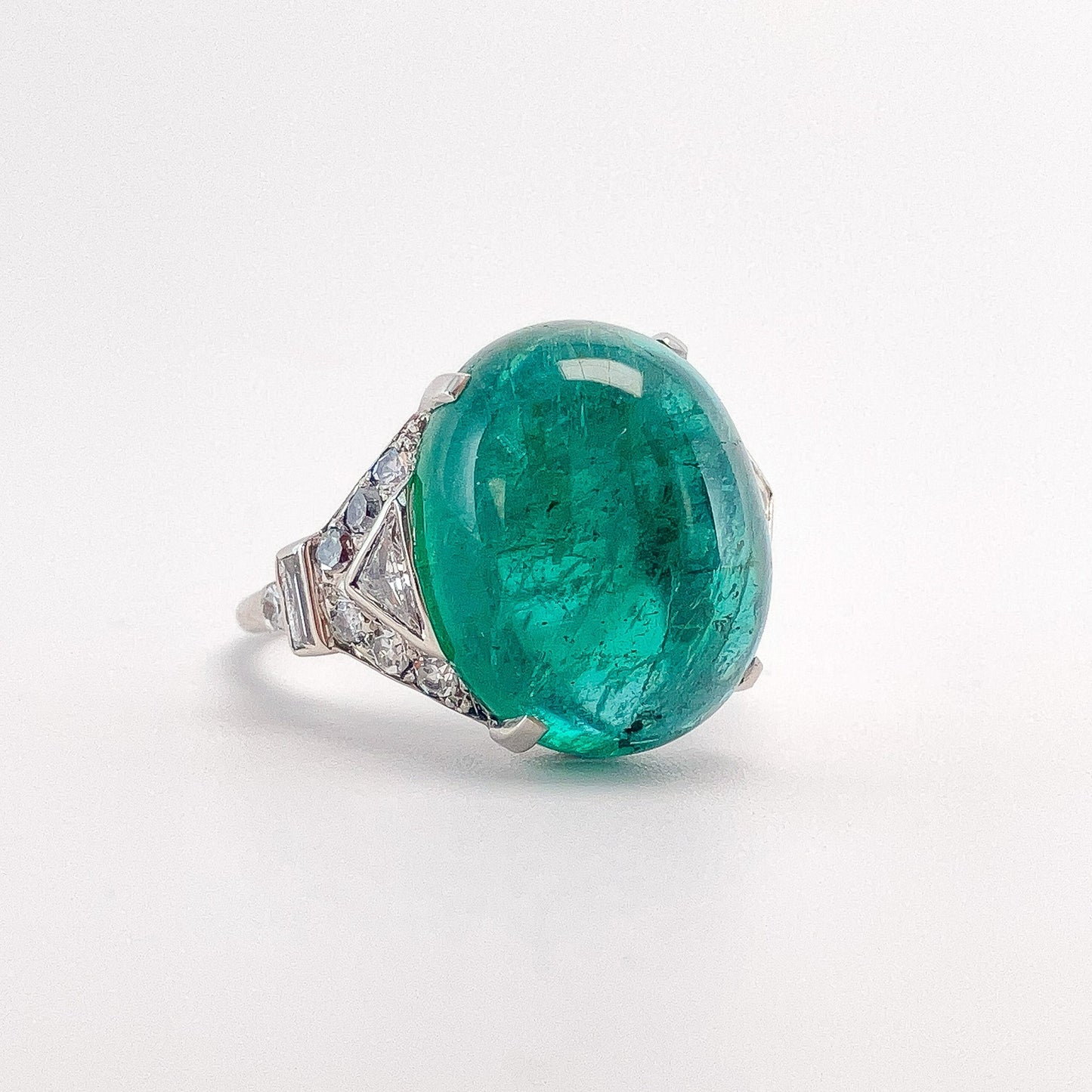 Vintage 11.06ct Emerald Cabochon & Diamond Ring, Platinum - Forever Rox Fine Jewelry