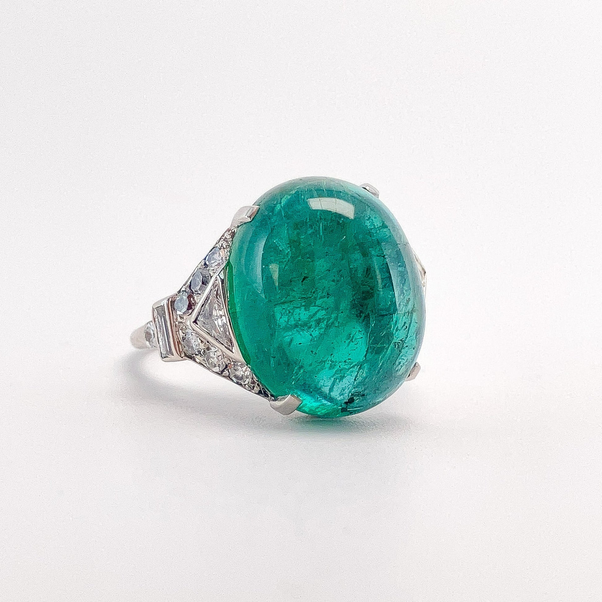 Vintage 11.06ct Emerald Cabochon & Diamond Ring, Platinum - Forever Rox Fine Jewelry